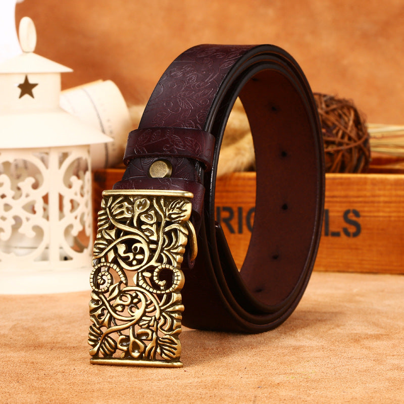 Leather Engraved With Hollow Buckle Printed Cowhide Belt
