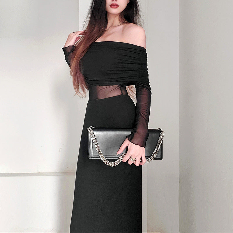 Women's  Off-the-shoulder Pleated Long Sleeve Polyester Dress