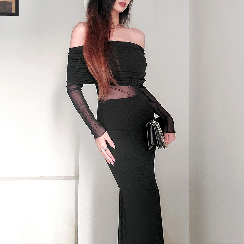 Women's  Off-the-shoulder Pleated Long Sleeve Polyester Dress