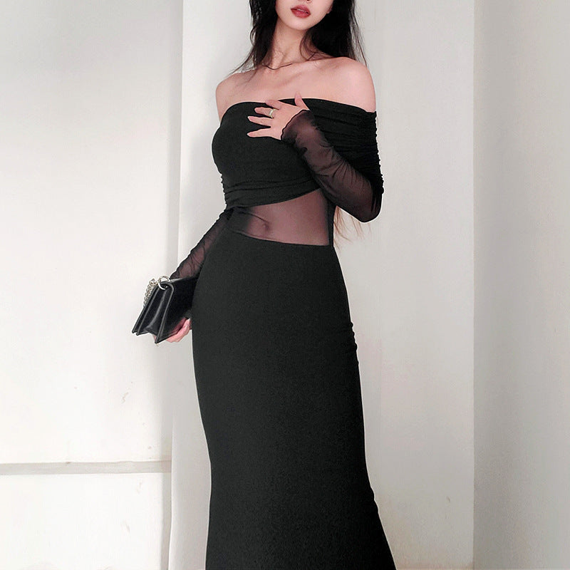 Women's  Off-the-shoulder Pleated Long Sleeve Polyester Dress