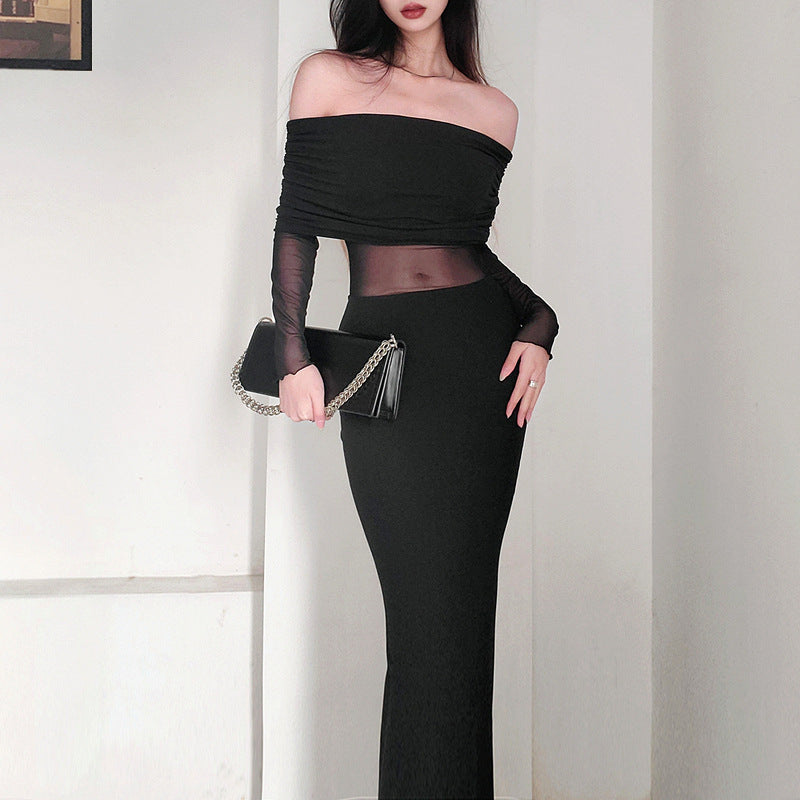 Women's  Off-the-shoulder Pleated Long Sleeve Polyester Dress
