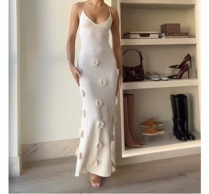 New Suspender Sleeveless Dress Three-dimensional Flower Heavy Industry Knitted Backless Tie