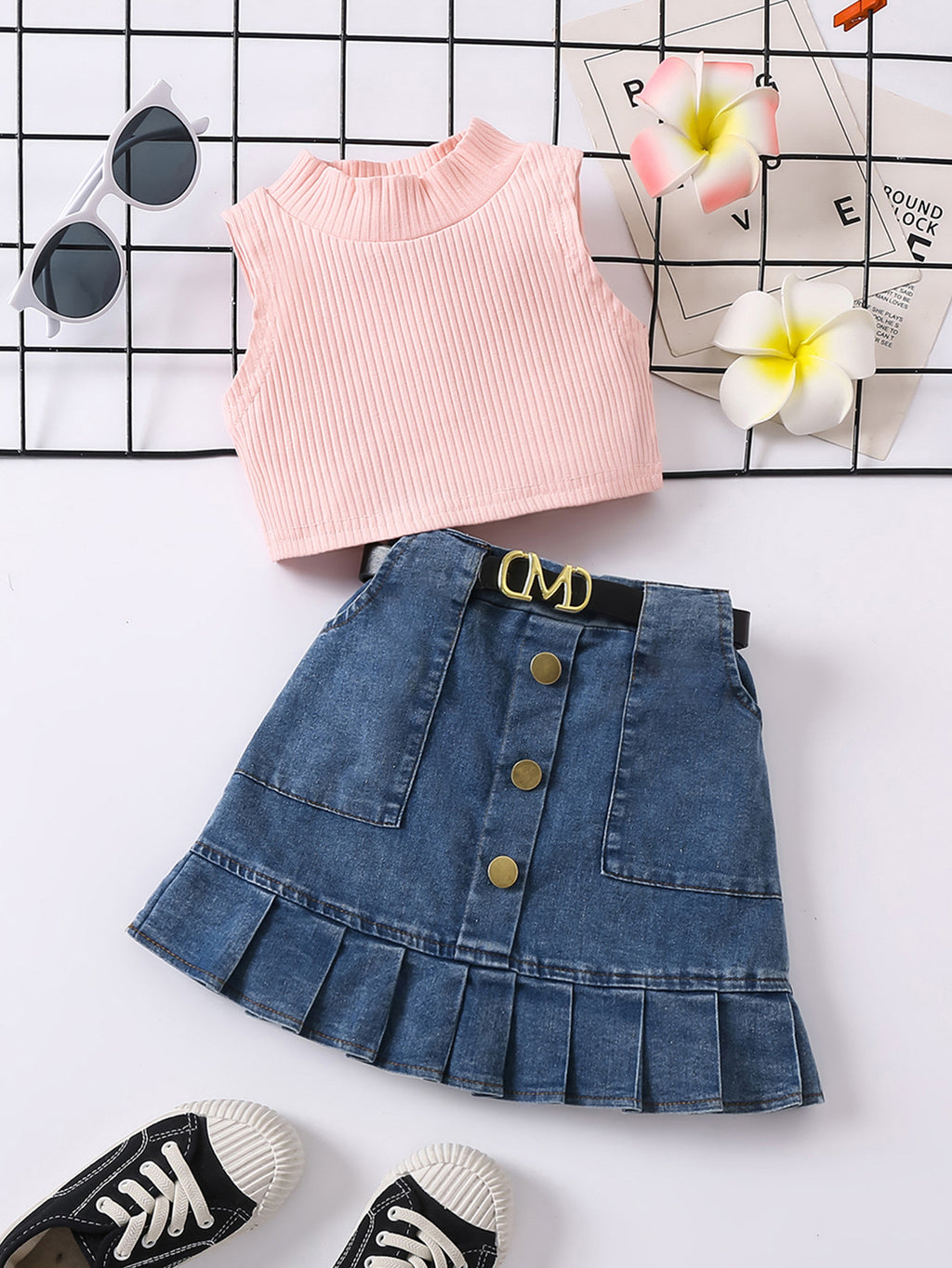 Waistcoat Sleeveless Top Denim  Skirt Suit