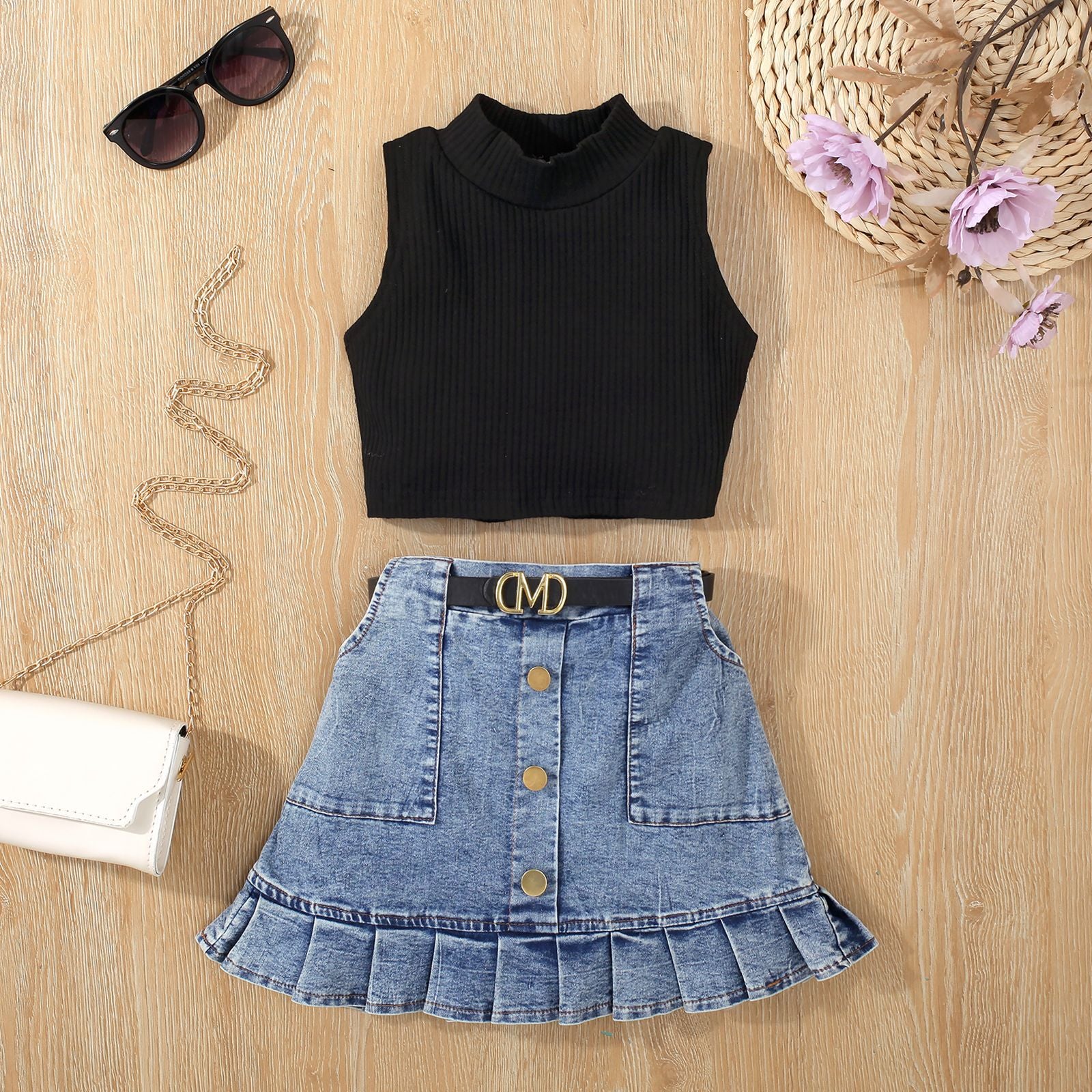 Waistcoat Sleeveless Top Denim  Skirt Suit