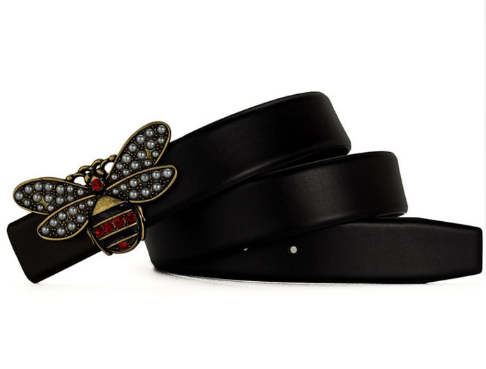 Leather Belt With Metal Bee Buckle