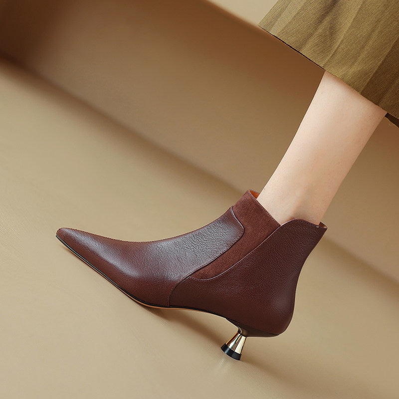 Genuine Leather Pointed-toe Kitten Heel Ankle Boots With A Sleek Mid-heel Design