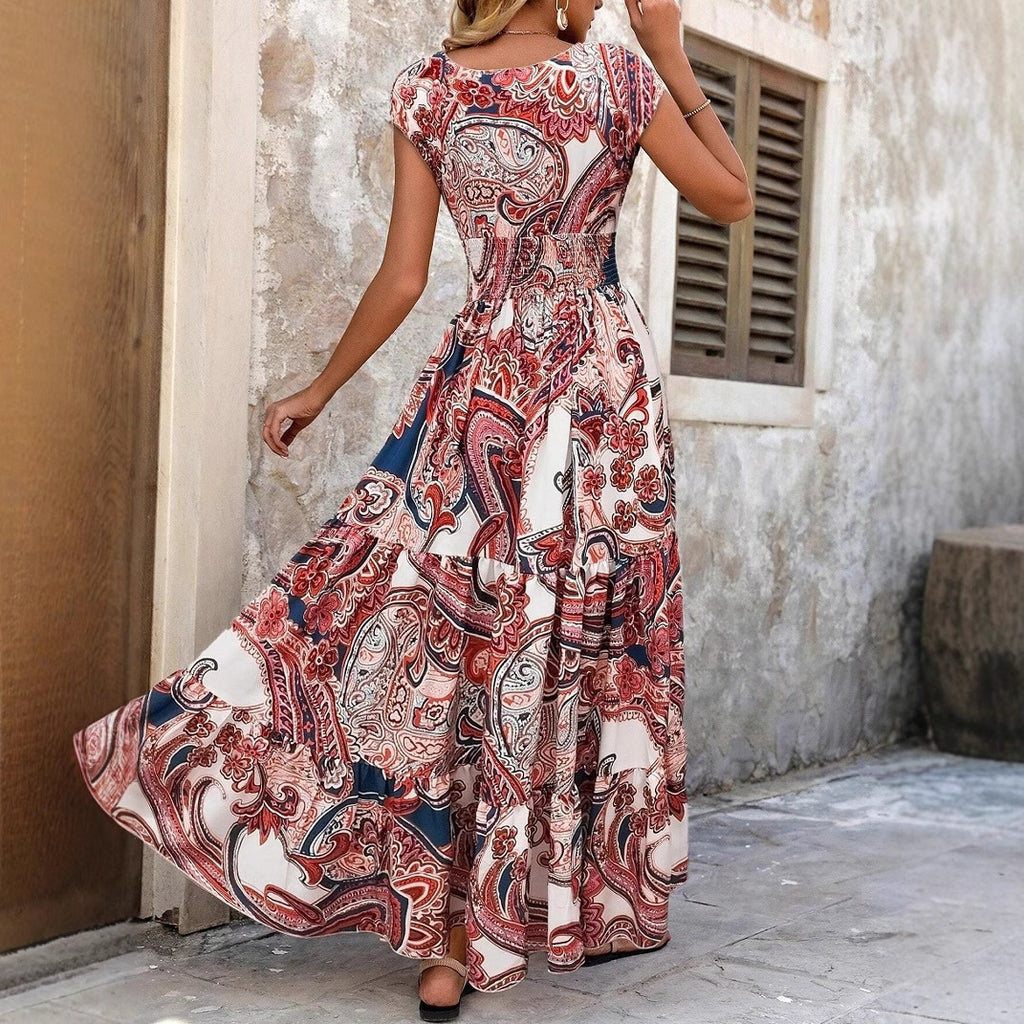 Resort-style Printed Dress For Women Summer V-neck Maxi