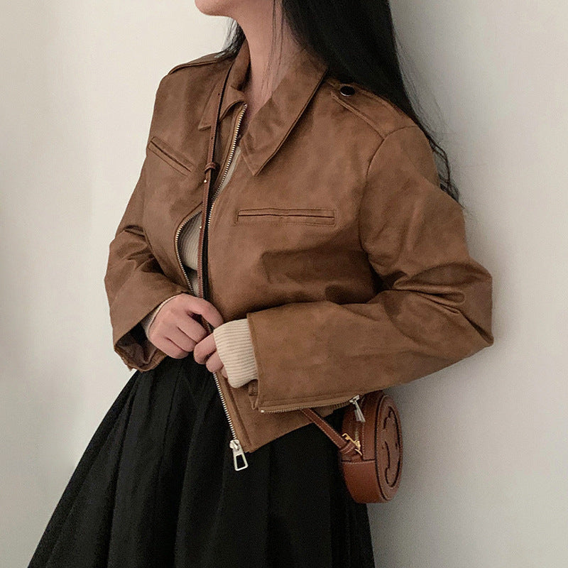 Women's  Lapel Long-sleeved Leather Jacket