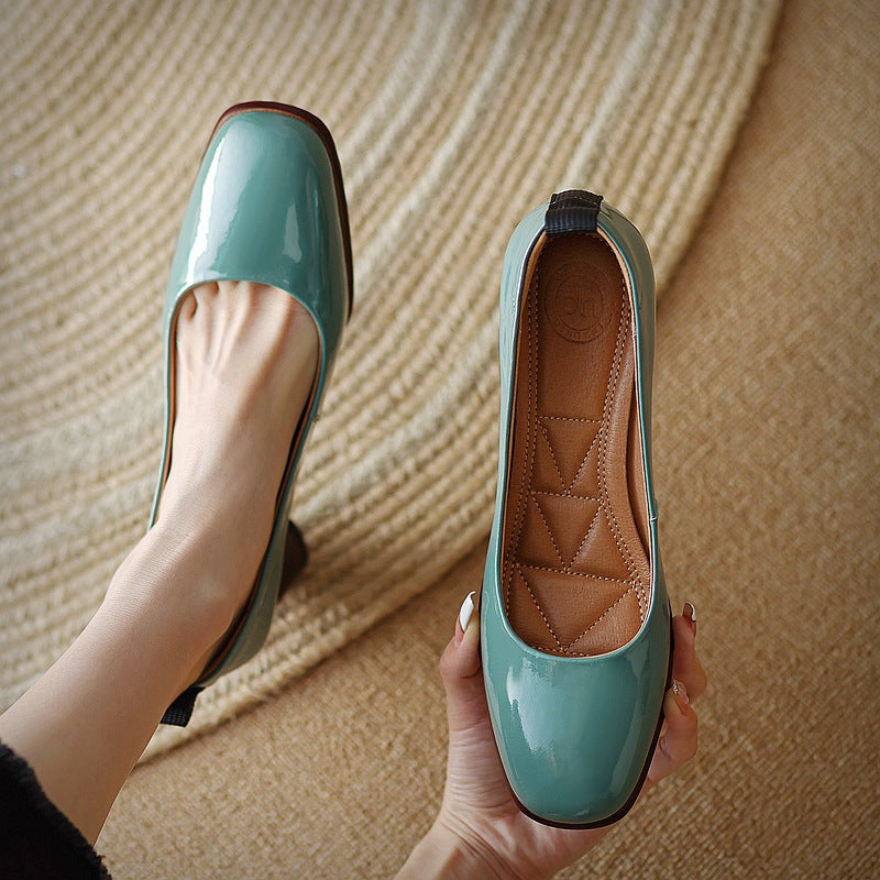 Round Head Pigskin Split Leather Heel Low-top Shoes