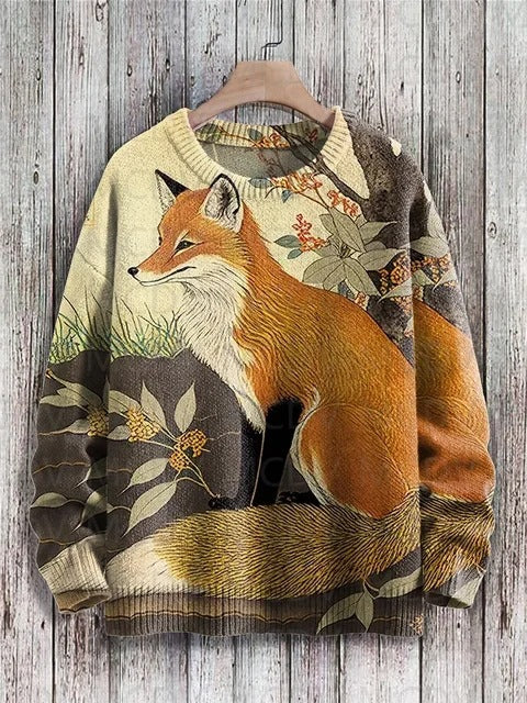 Vintage Japanese-style Painting Cat Art Casual Printed Chunky-knit Crewneck Hoodie For Men And Women