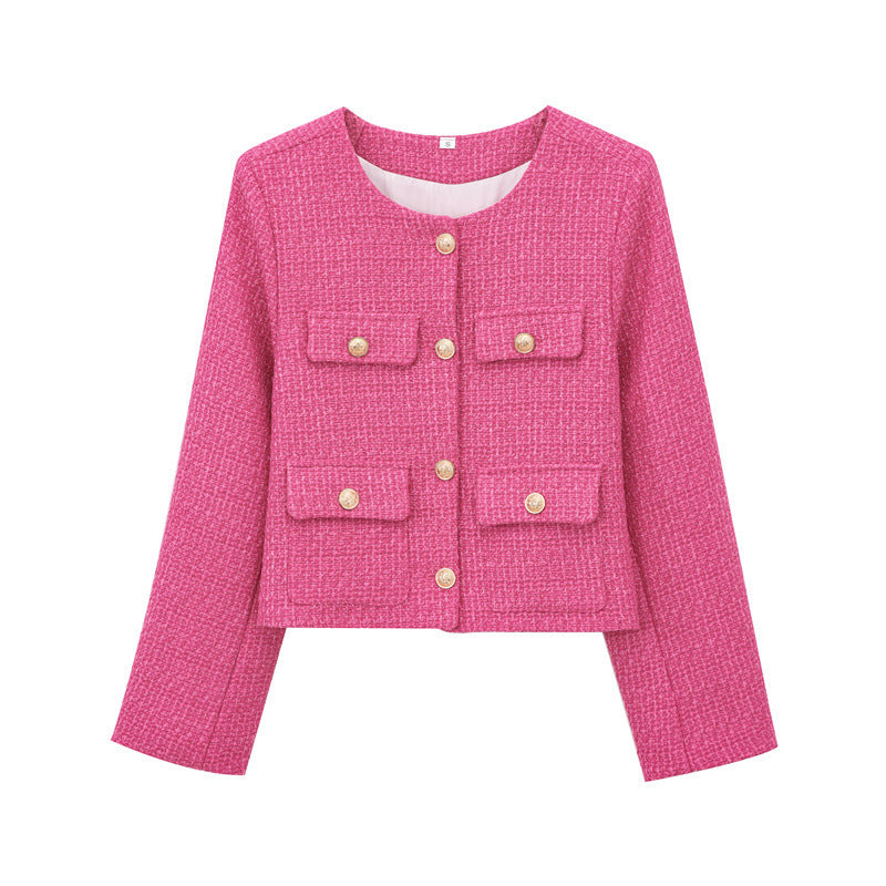 Textured Padded-shoulder Crew-neck Long-sleeve Jacket
