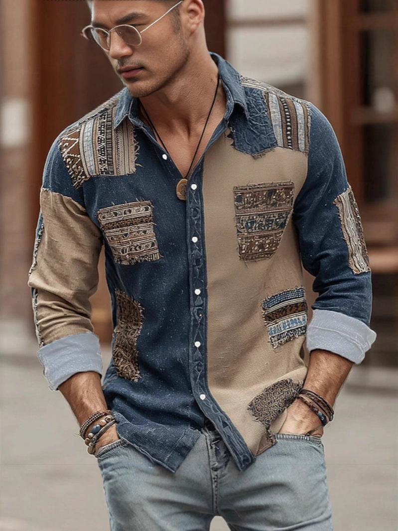 Mens Long-sleeve Striped Printed Shirt