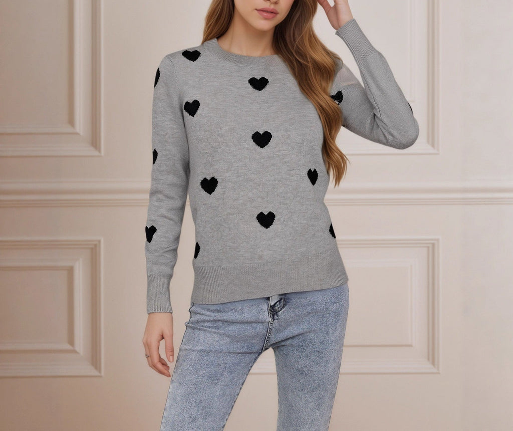 Heart Jacquard Round Neck Pullover Sweater