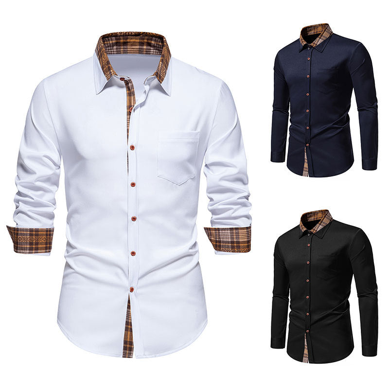 Plaid Contrast Stitching Men's Long Sleeve Shirt