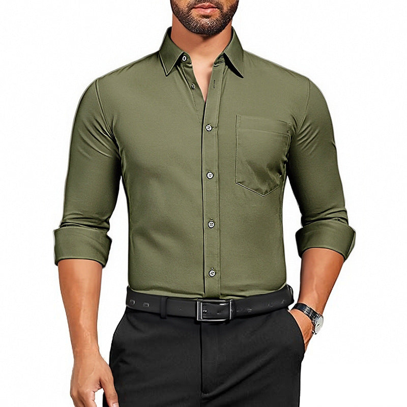 Men's Breathable Stretch Wrinkle-resistant Solid Color Long Sleeve Shirt