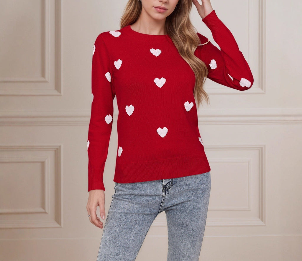 Heart Jacquard Round Neck Pullover Sweater