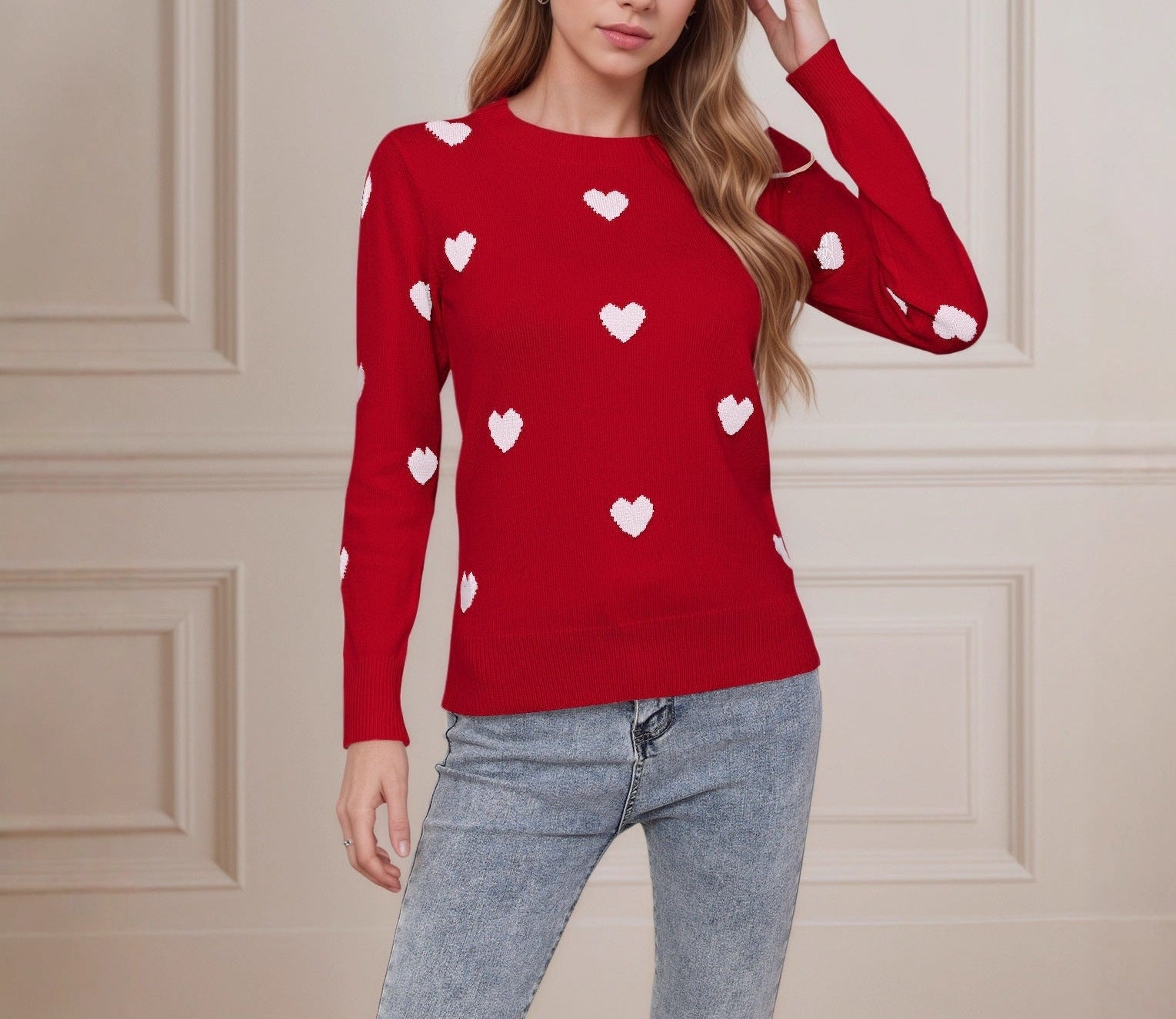 Heart Jacquard Round Neck Pullover Sweater
