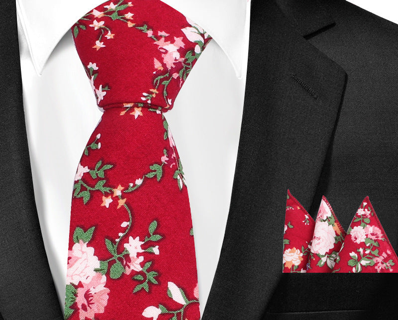 Casual Cotton Floral Print 6cm Casual Tie Pocket Square Suit