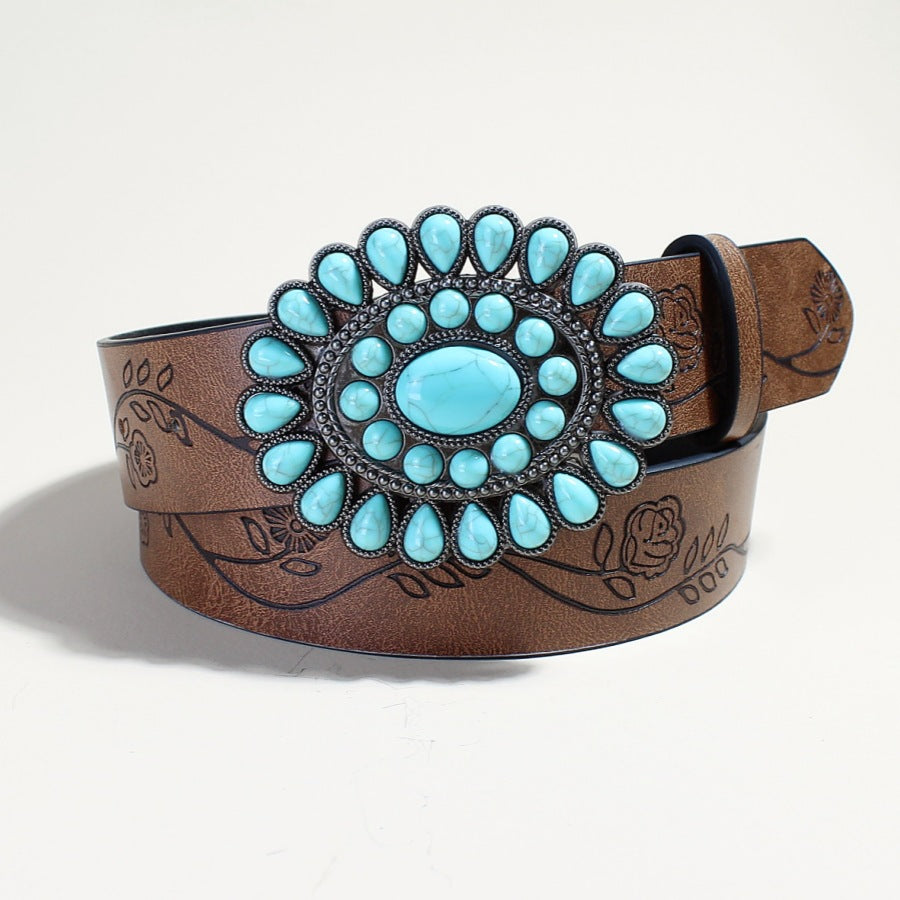 Flow New Rose Pattern Printed Green Pine Beads Alloy Buckle Belt