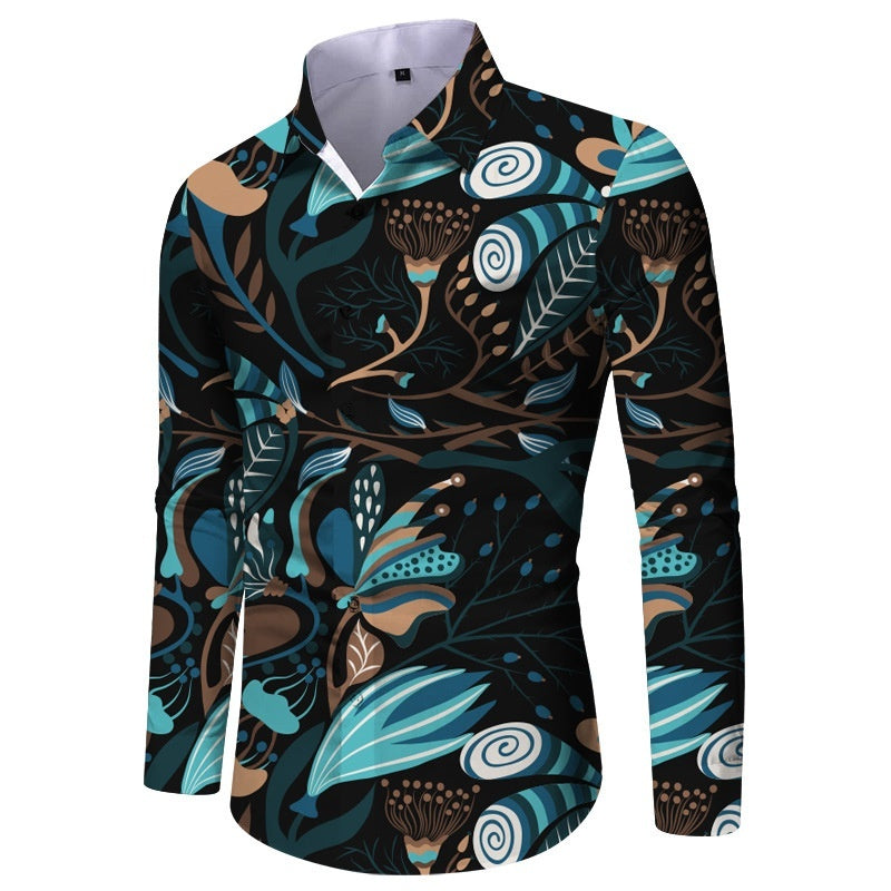 Mens Fashionable Printed Casual Slim-Fit Shirt