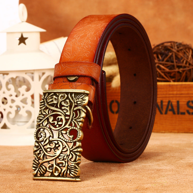 Leather Engraved With Hollow Buckle Printed Cowhide Belt