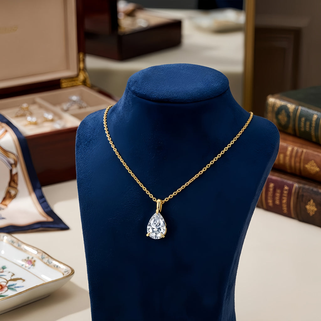 925 Sterling Silver Elegant Pear-Shaped CZ Solitaire Necklace on Gold Chain