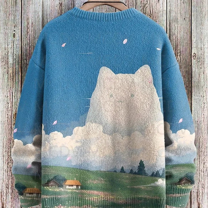 Vintage Japanese-style Painting Cat Art Casual Printed Chunky-knit Crewneck Hoodie For Men And Women