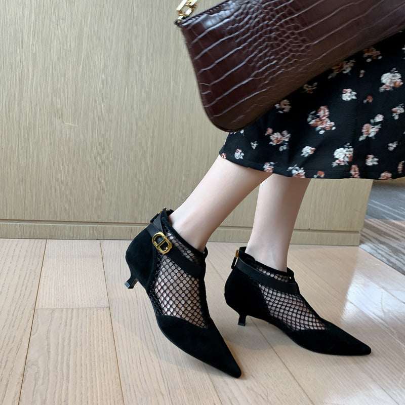 Hollow Low-heeled Net Boots Sheepskin Pointed-toe Stiletto Sandals