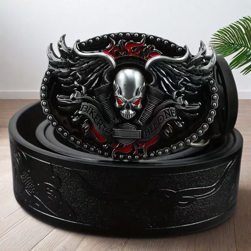 Mens Alloy-buckle Leather Belt With A Vintage Embossed Design