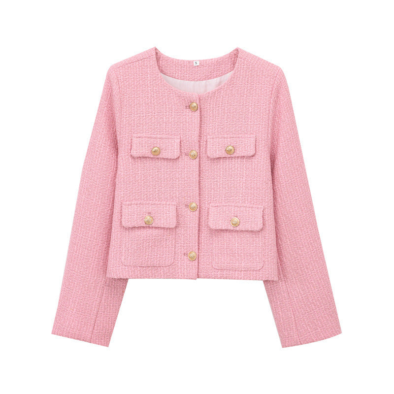 Textured Padded-shoulder Crew-neck Long-sleeve Jacket