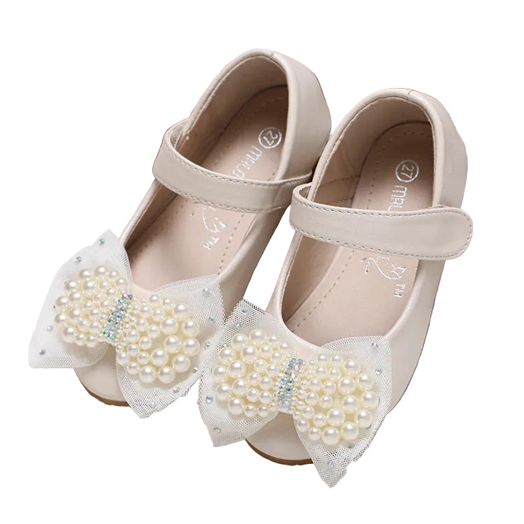 Princess Shoes Girls' Pearl Bow Leather Shoes
