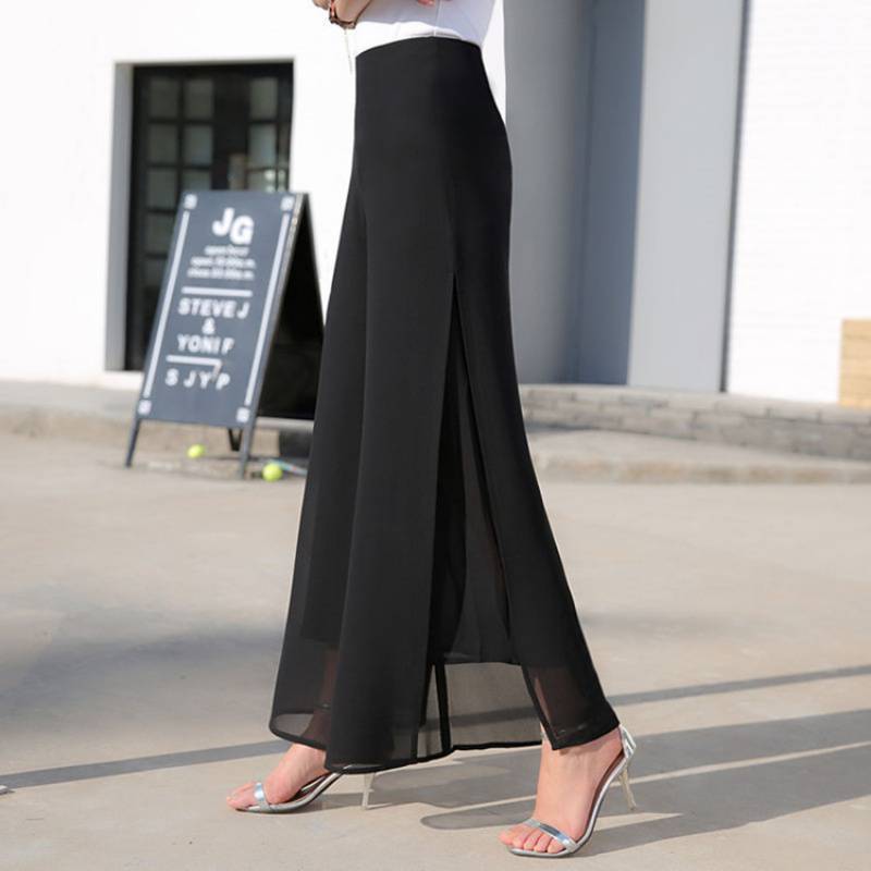 Temperament Commuter High Waist Black Irregular Loose Chiffon Wide Leg Pants