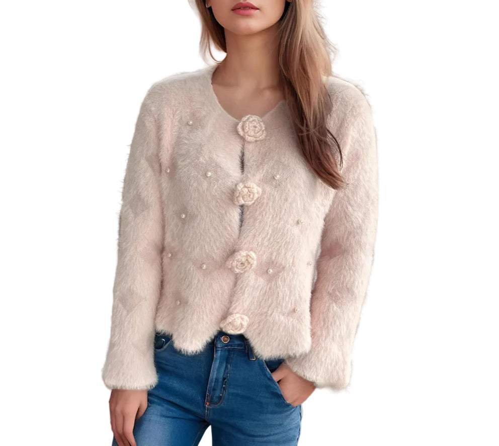 Beads Rhinestones Three-dimensional Flower Button Sweater