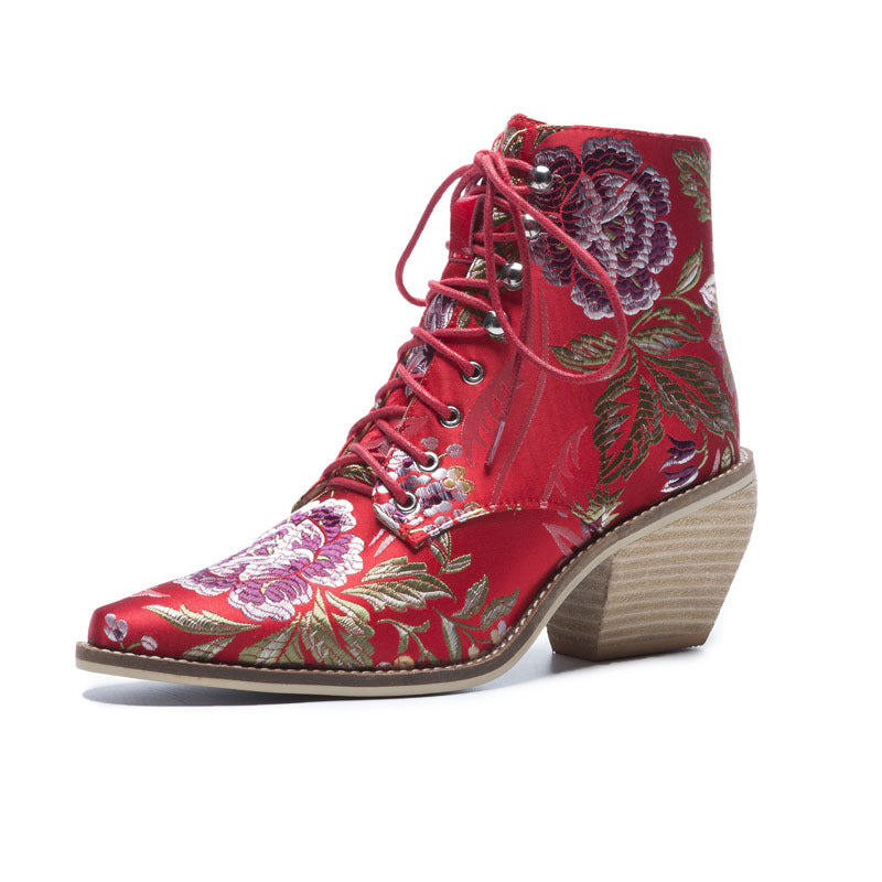 Embroidered Wood-woven Thick-heeled Short Boots