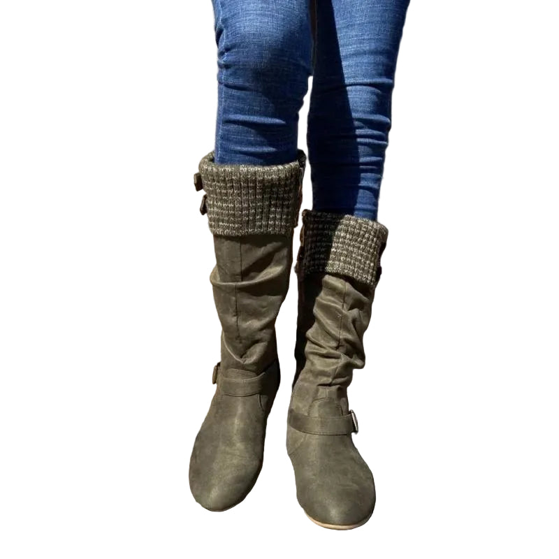 High sleeve wool leather button flat heel Knight boots