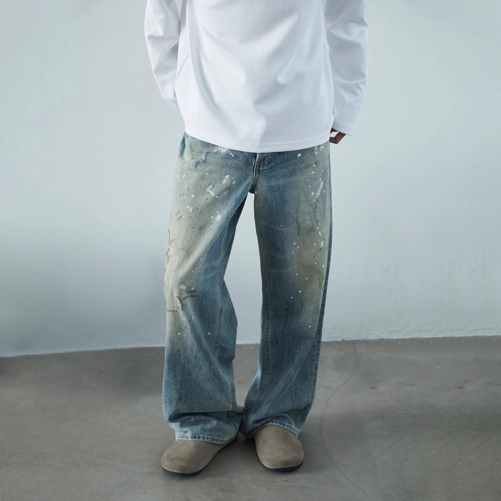 Neutral Wide Leg Mopping Dirty Splash-ink Distressed Design Jeans