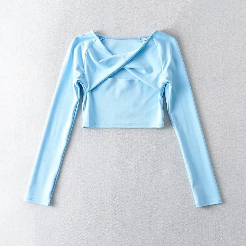 Long Sleeve Slim Fit Women's T-Shirt Cross Knotted Neckline