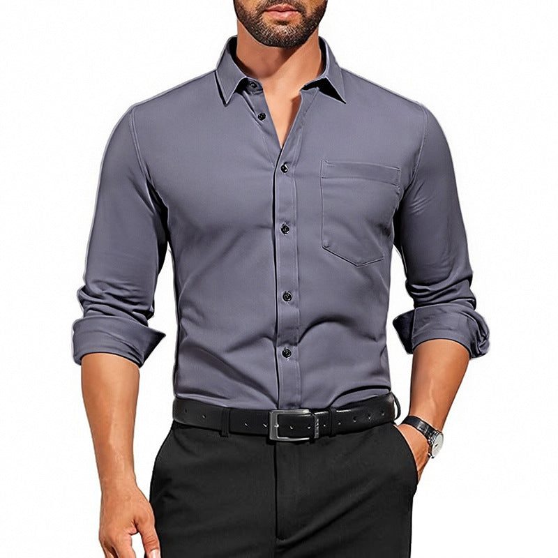 Men's Breathable Stretch Wrinkle-resistant Solid Color Long Sleeve Shirt