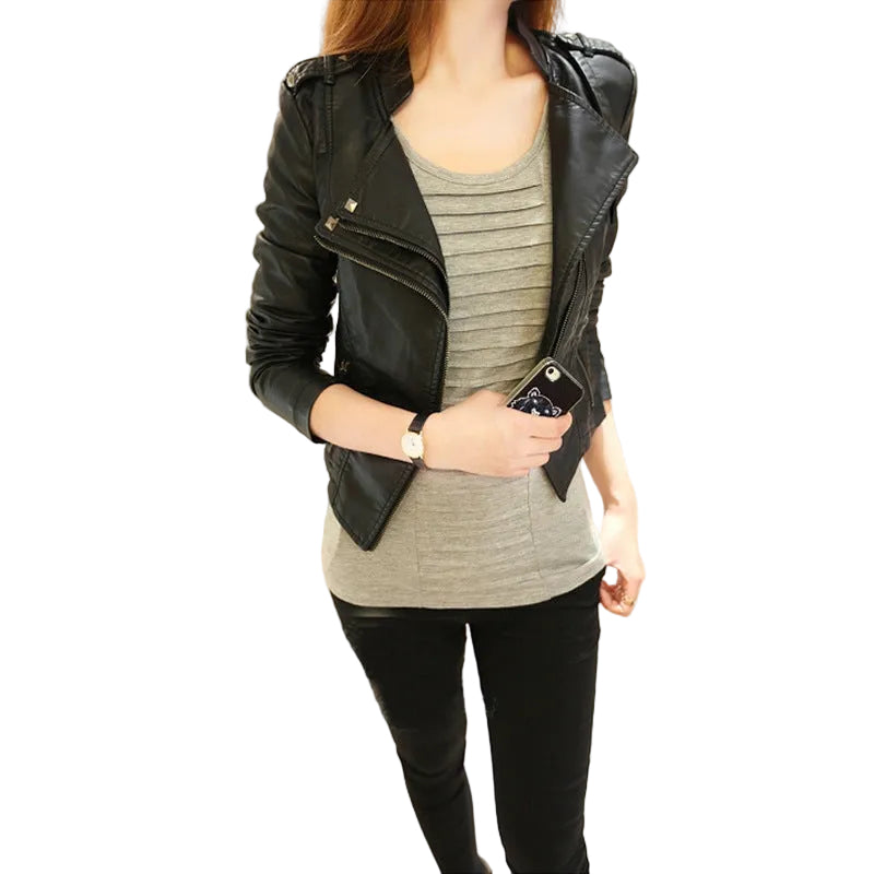 Pu autumn cropped stand-up collar leather jacket