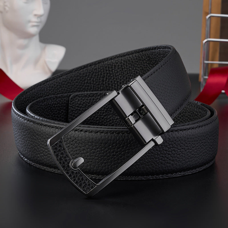New Mens Casual All-match Leather Belt With An Automatic Buckle And A Lychee Grain Pattern