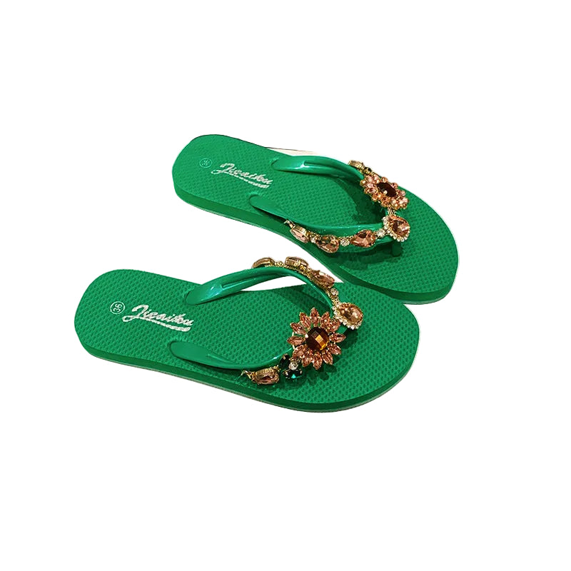 SUNFLOWER Outer Wear Flat Diamond-embedded Beach Slippers