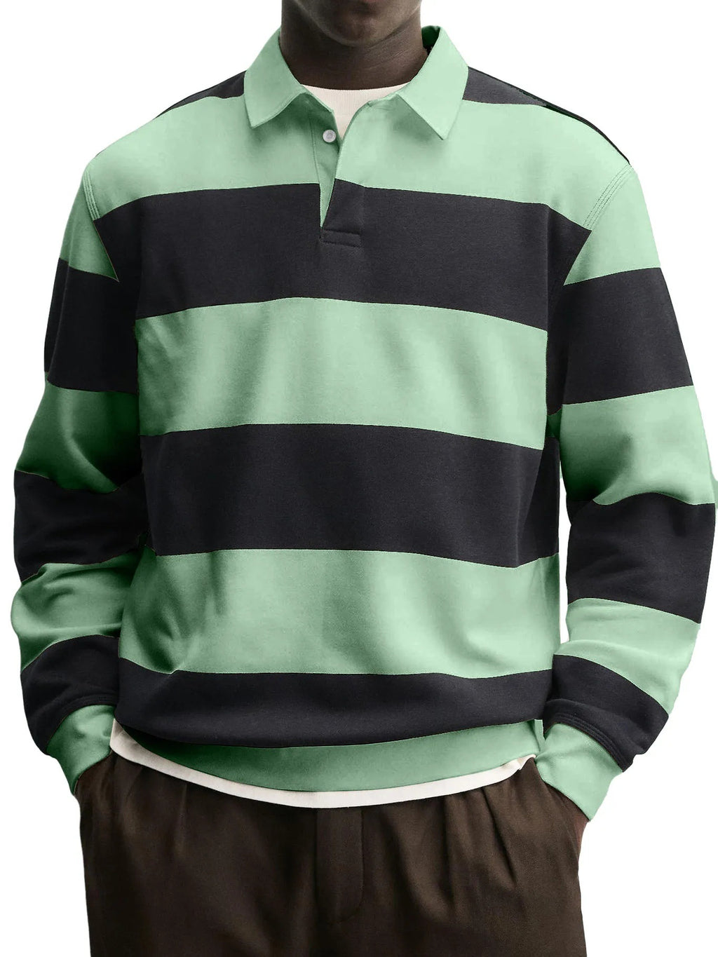 Mens Loose-collar Long-sleeved Striped T-shirt