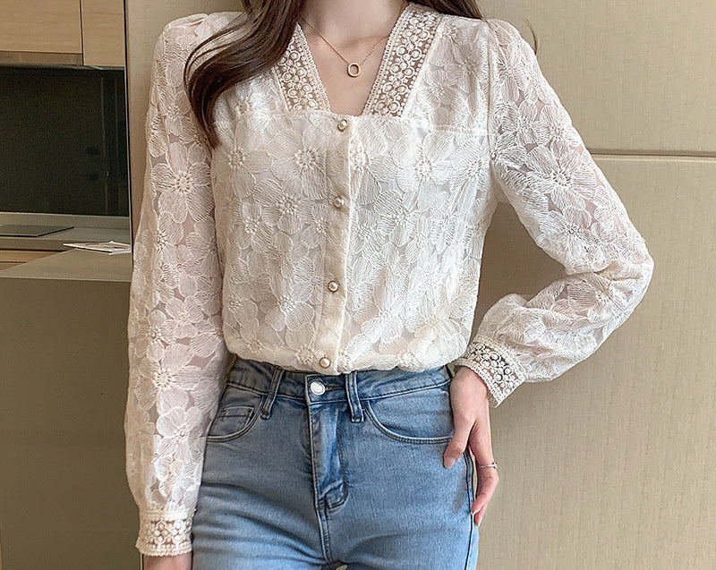 V-Neck Balloon Sleeve Long Sleeve Shirt Women's Top