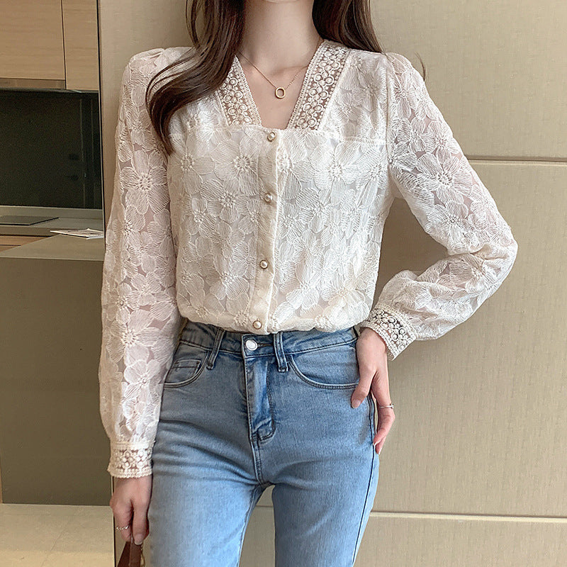 V-Neck Balloon Sleeve Long Sleeve Shirt Women's Top