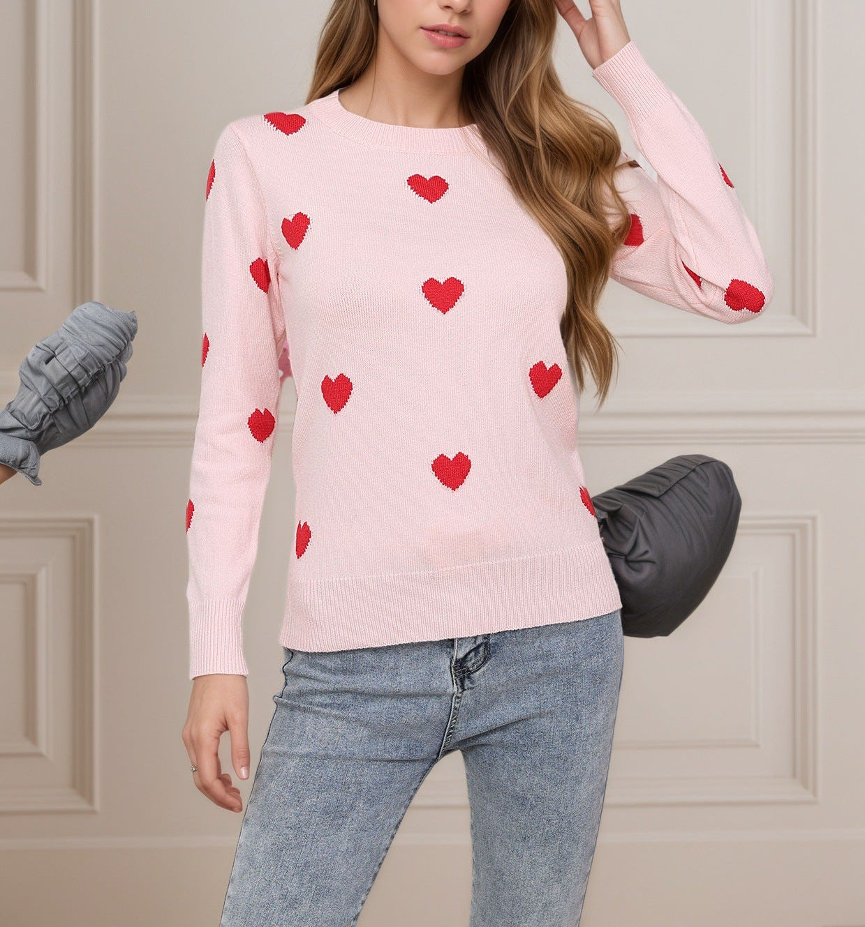 Heart Jacquard Round Neck Pullover Sweater