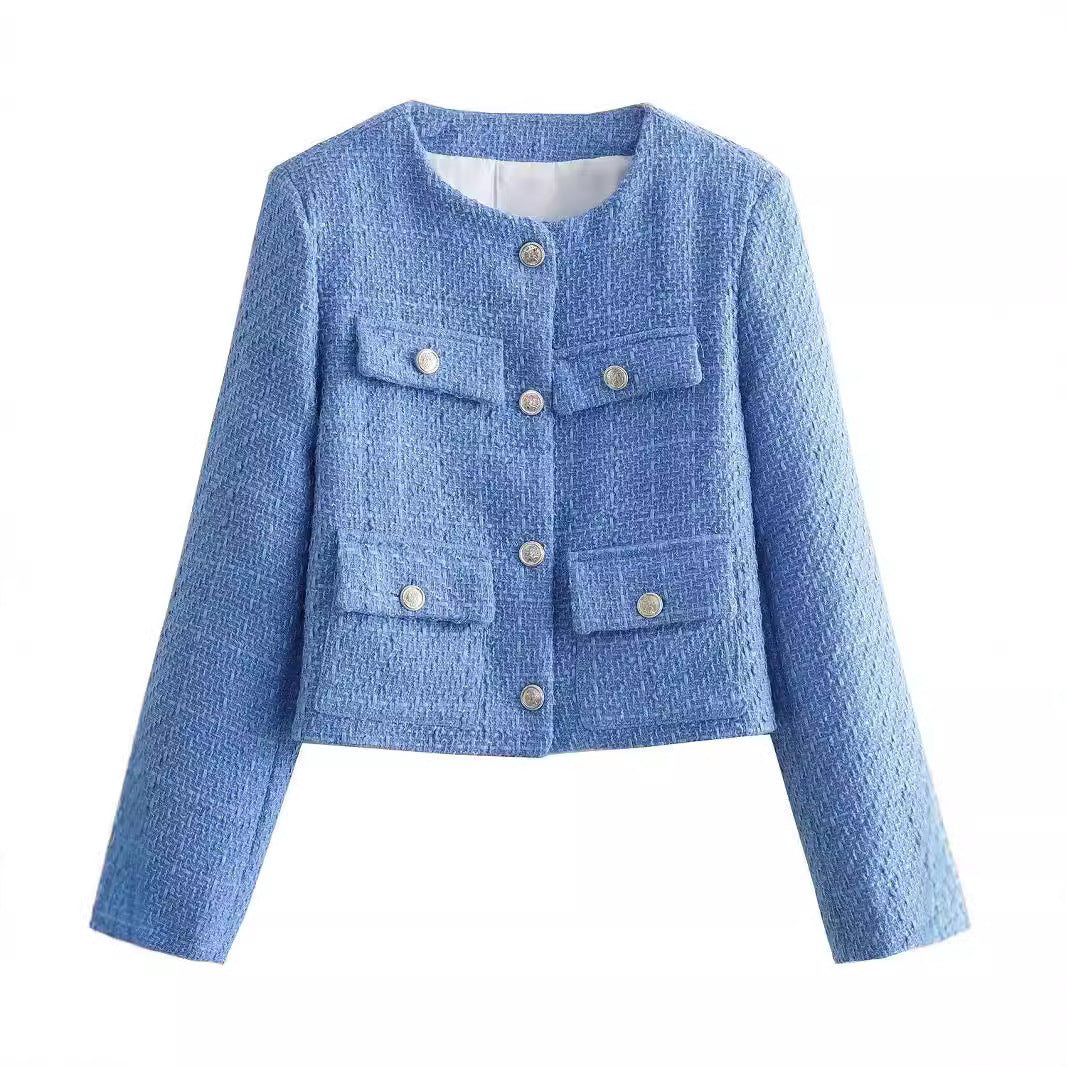 Textured Padded-shoulder Crew-neck Long-sleeve Jacket