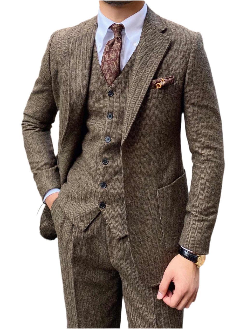 Autumn Winter Retro Herringbone Wool Slim Fit Men's Suits