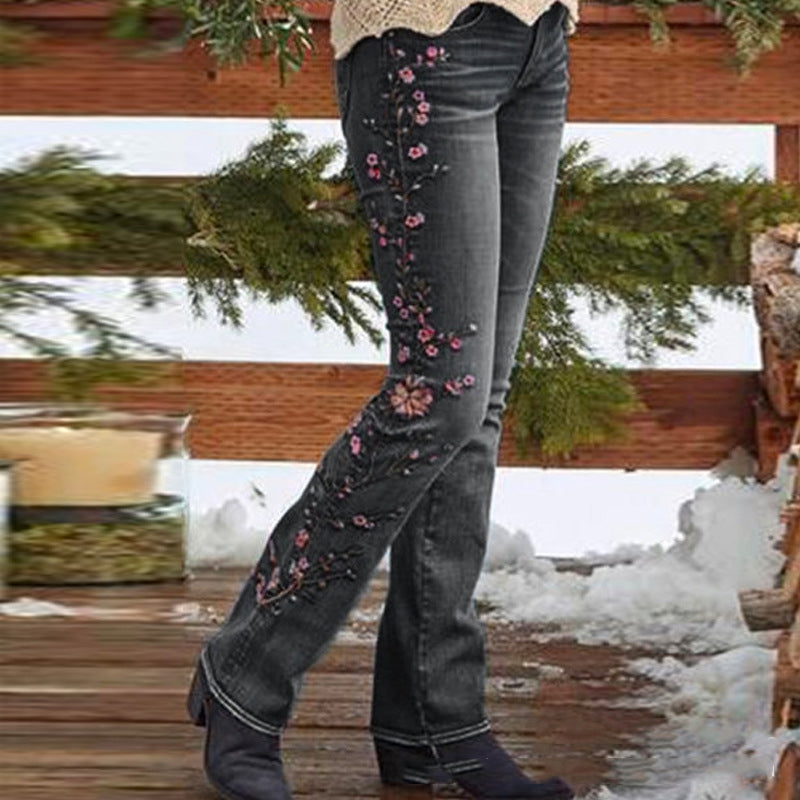 Embroidered retro style embroidered straight-leg jeans