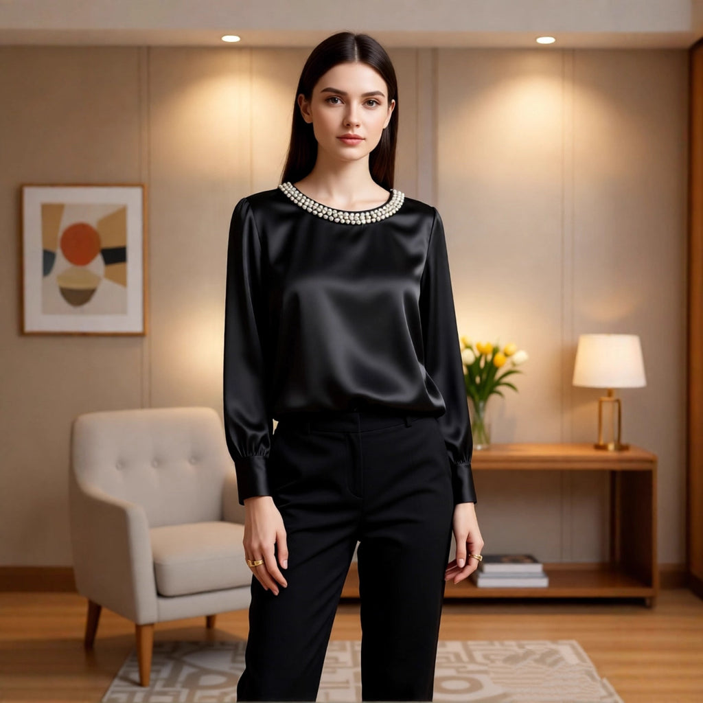 Womens French-style Sophisticated Pearl-collared Satin Blouse
