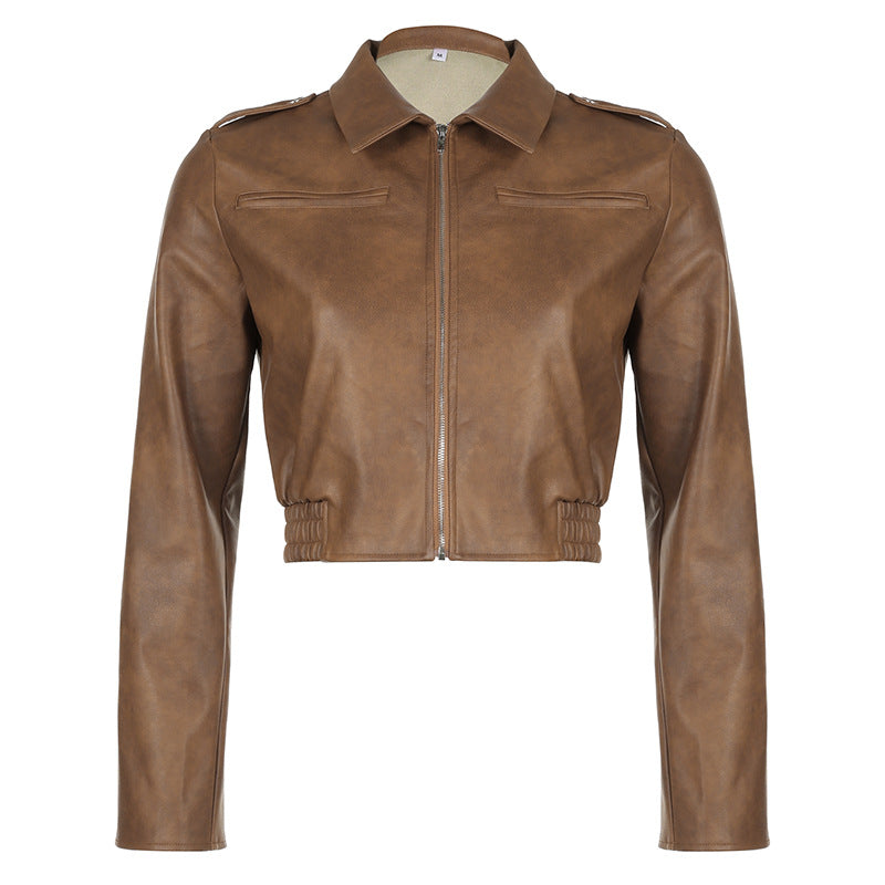 Women's  Lapel Long-sleeved Leather Jacket